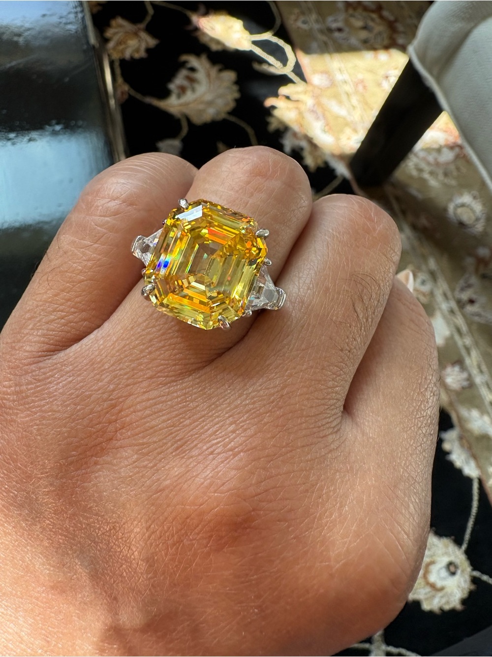 Citrine Emerald-Cut Statement Ring with White Topaz Side Accents